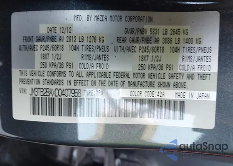 2013 Mazda Cx-9 Sport from USA, damaged, VIN JM3TB2BAXD0407958